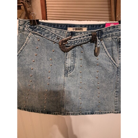 Rock & Roll Denim Skirt Women’s  Blue Jean Zip Fly Belt Studded‎ Stars   3 SIZES - Picture 4 of 8